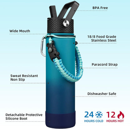 18oz Insulated Water Bottle with 3 Lids, Straw Lid & Handle | BPA-Free 18/8 Stainless Steel Bottle with Leak-Proof Lids, Paracord Handle & Removable Silicone Boot for Gym, Hiking, Travel