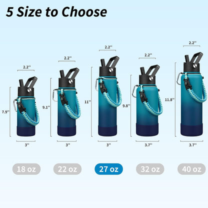 18oz Insulated Water Bottle with 3 Lids, Straw Lid & Handle | BPA-Free 18/8 Stainless Steel Bottle with Leak-Proof Lids, Paracord Handle & Removable Silicone Boot for Gym, Hiking, Travel
