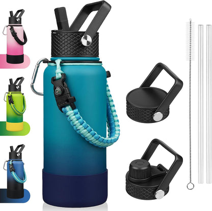 18oz Insulated Water Bottle with 3 Lids, Straw Lid & Handle | BPA-Free 18/8 Stainless Steel Bottle with Leak-Proof Lids, Paracord Handle & Removable Silicone Boot for Gym, Hiking, Travel