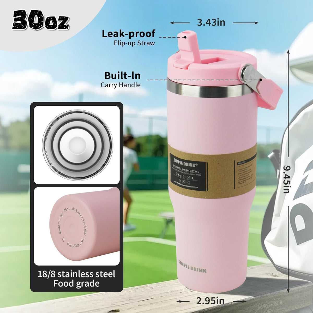 30oz Flip Straw Insulated Water Bottle with Handle, Leak Proof Stainless Steel Travel Tumbler With Lid, Double Wall Vacuum Iced Coffee Travel Mug, Sport Cup, Outside use