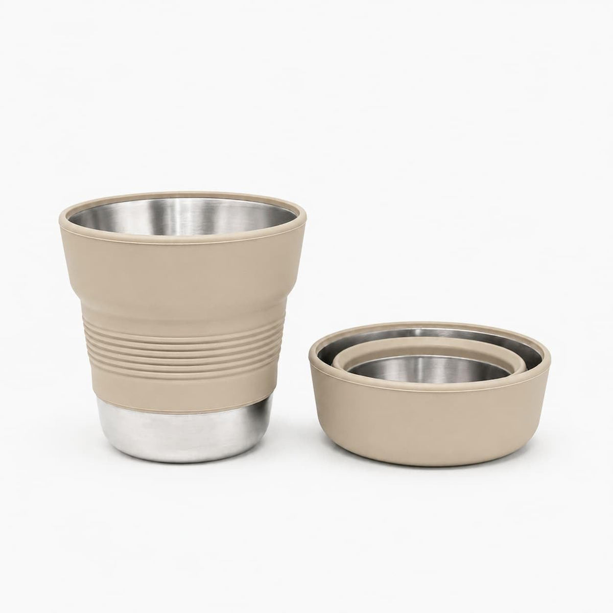 Ultralight Collapsible Travel Cup 16 oz, BPA Free Silicone & Stainless Steel Camping Mug, Foldable Portable Cup for Hiking, Backpacking, Outdoor Coffee Mug (Khaki)