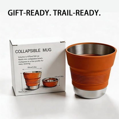 Ultralight Collapsible Travel Cup 16 oz, BPA Free Silicone & Stainless Steel Camping Mug, Foldable Portable Cup for Hiking, Backpacking, Outdoor Coffee Mug (Khaki)