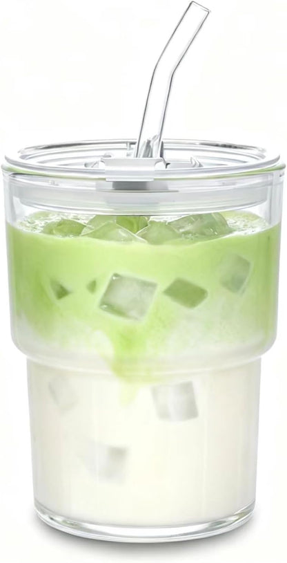 Iced Coffee Cups, 13oz Glass Tumbler with Lid and Straw, Leakproof To-Go Glass Cups Fits Car Cup Holder, Reusable Matcha Cup for Iced Coffee, Cold Brew and Tea