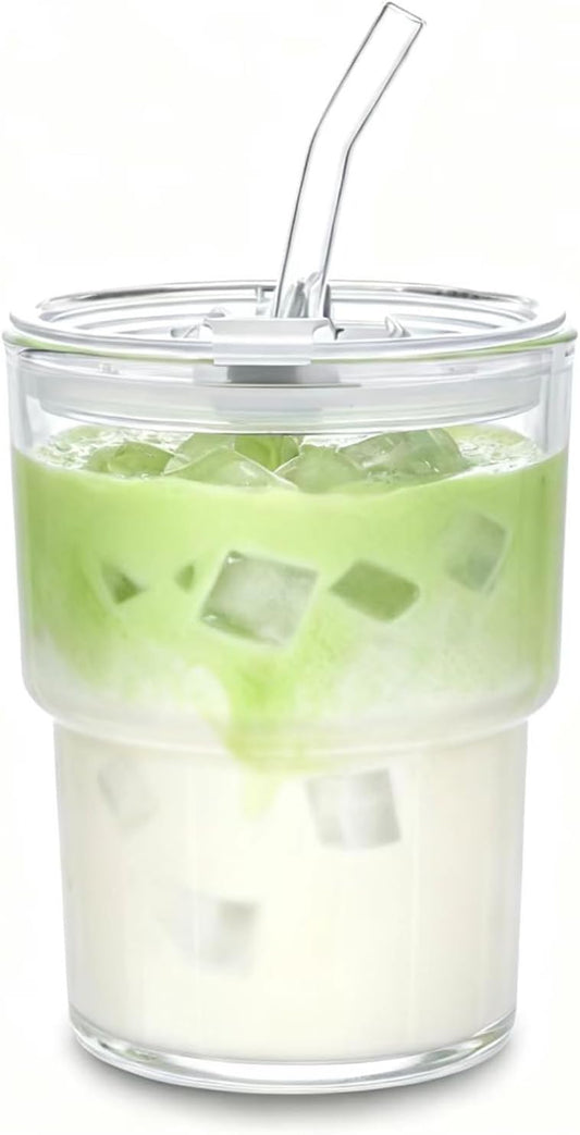 Iced Coffee Cups, 13oz Glass Tumbler with Lid and Straw, Leakproof To-Go Glass Cups Fits Car Cup Holder, Reusable Matcha Cup for Iced Coffee, Cold Brew and Tea