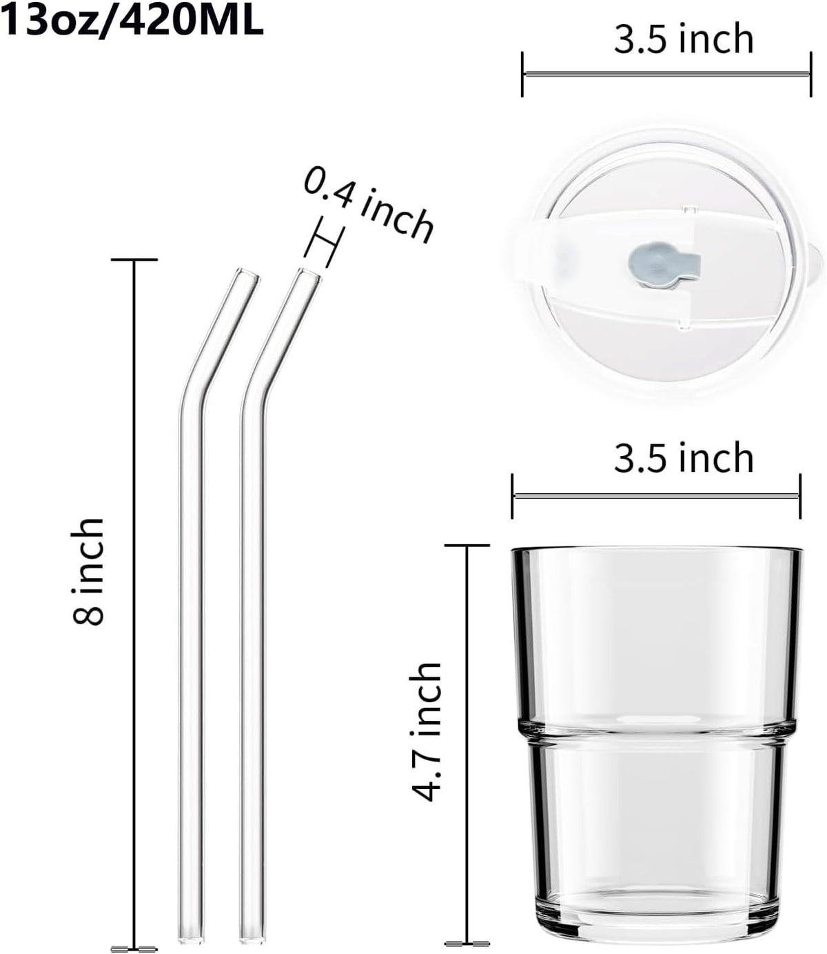 Iced Coffee Cups, 13oz Glass Tumbler with Lid and Straw, Leakproof To-Go Glass Cups Fits Car Cup Holder, Reusable Matcha Cup for Iced Coffee, Cold Brew and Tea