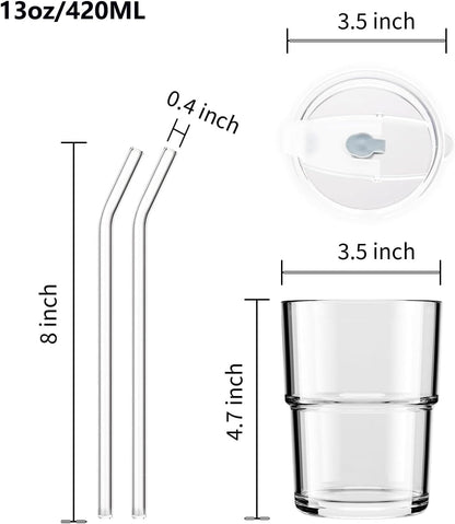 Iced Coffee Cups, 13oz Glass Tumbler with Lid and Straw, Leakproof To-Go Glass Cups Fits Car Cup Holder, Reusable Matcha Cup for Iced Coffee, Cold Brew and Tea
