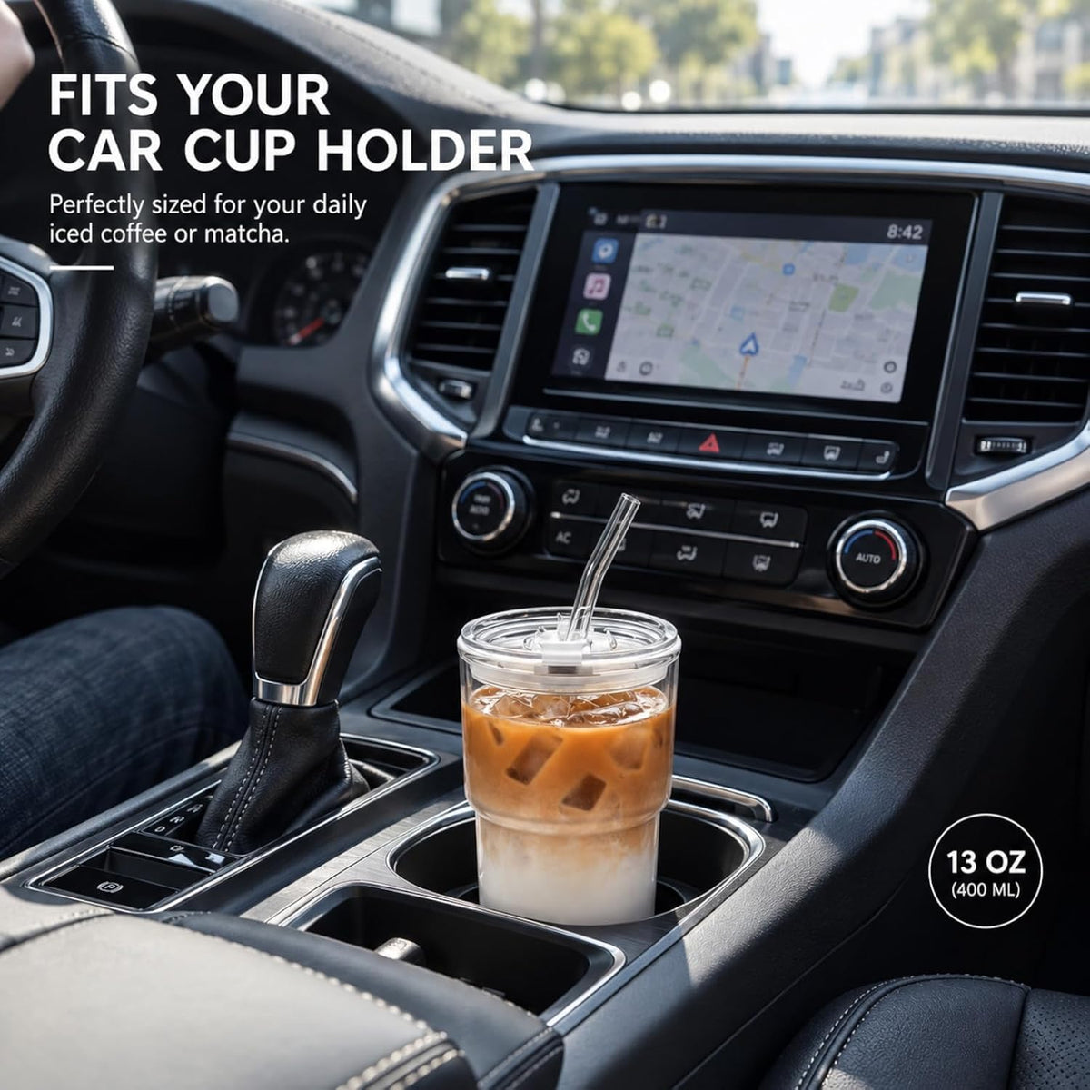 Iced Coffee Cups, 13oz Glass Tumbler with Lid and Straw, Leakproof To-Go Glass Cups Fits Car Cup Holder, Reusable Matcha Cup for Iced Coffee, Cold Brew and Tea