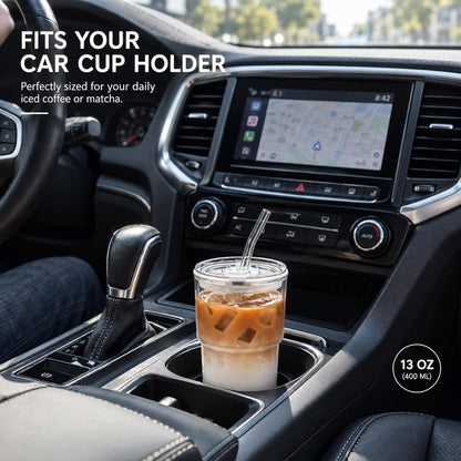 Iced Coffee Cups, 13oz Glass Tumbler with Lid and Straw, Leakproof To-Go Glass Cups Fits Car Cup Holder, Reusable Matcha Cup for Iced Coffee, Cold Brew and Tea