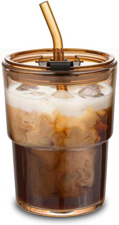Iced Coffee Cups, 13oz Glass Tumbler with Lid and Straw, Leakproof To-Go Glass Cups Fits Car Cup Holder, Reusable Matcha Cup for Iced Coffee, Cold Brew and Tea