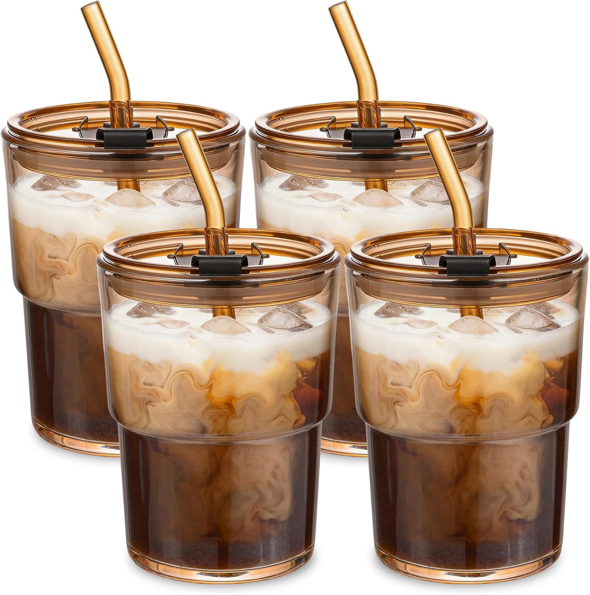 Iced Coffee Cups, 13oz Glass Tumbler with Lid and Straw, Leakproof To-Go Glass Cups Fits Car Cup Holder, Reusable Matcha Cup for Iced Coffee, Cold Brew and Tea