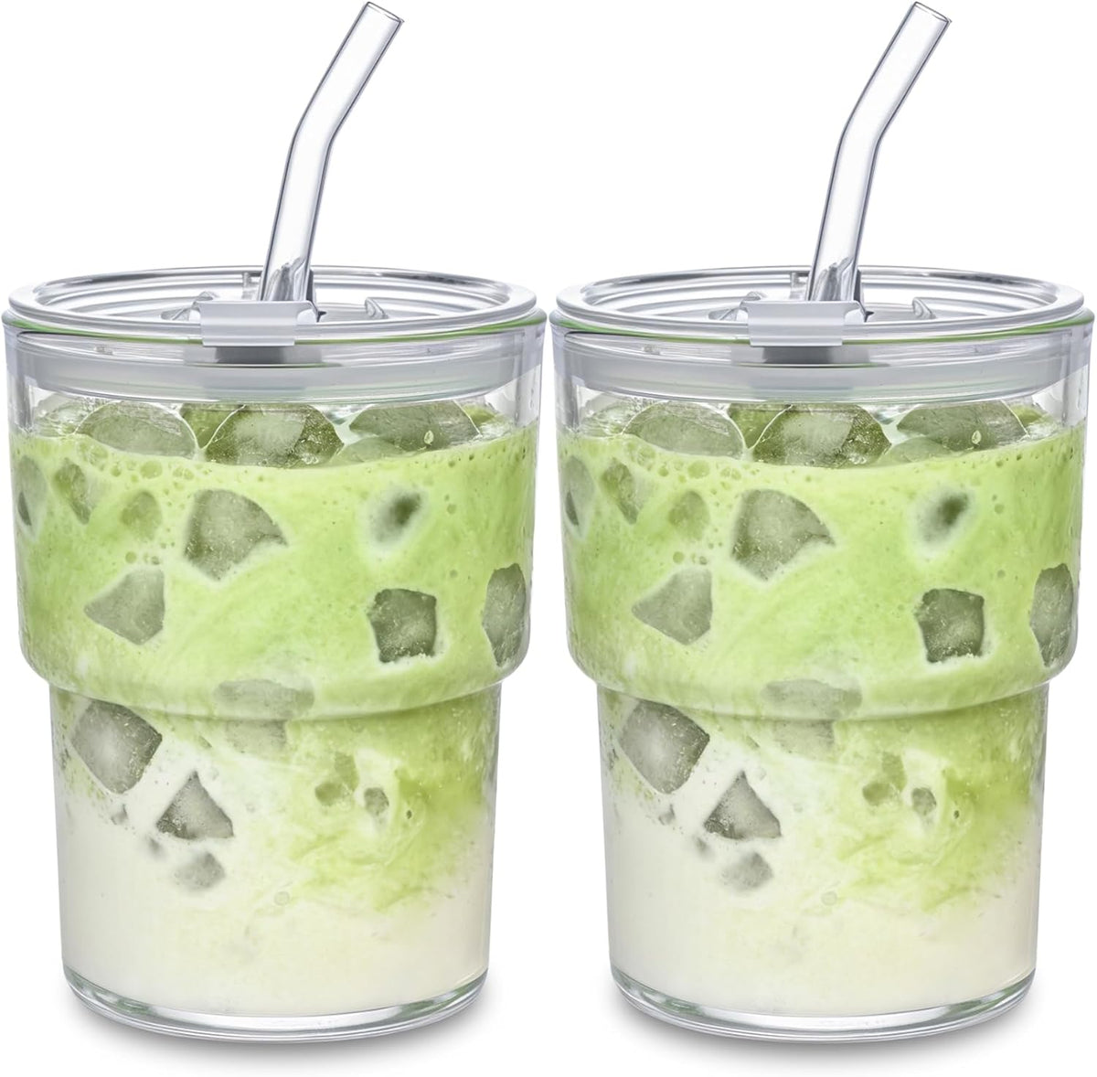 Iced Coffee Cups, 13oz Glass Tumbler with Lid and Straw, Leakproof To-Go Glass Cups Fits Car Cup Holder, Reusable Matcha Cup for Iced Coffee, Cold Brew and Tea