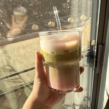 Iced Coffee Cups, 13oz Glass Tumbler with Lid and Straw, Leakproof To-Go Glass Cups Fits Car Cup Holder, Reusable Matcha Cup for Iced Coffee, Cold Brew and Tea