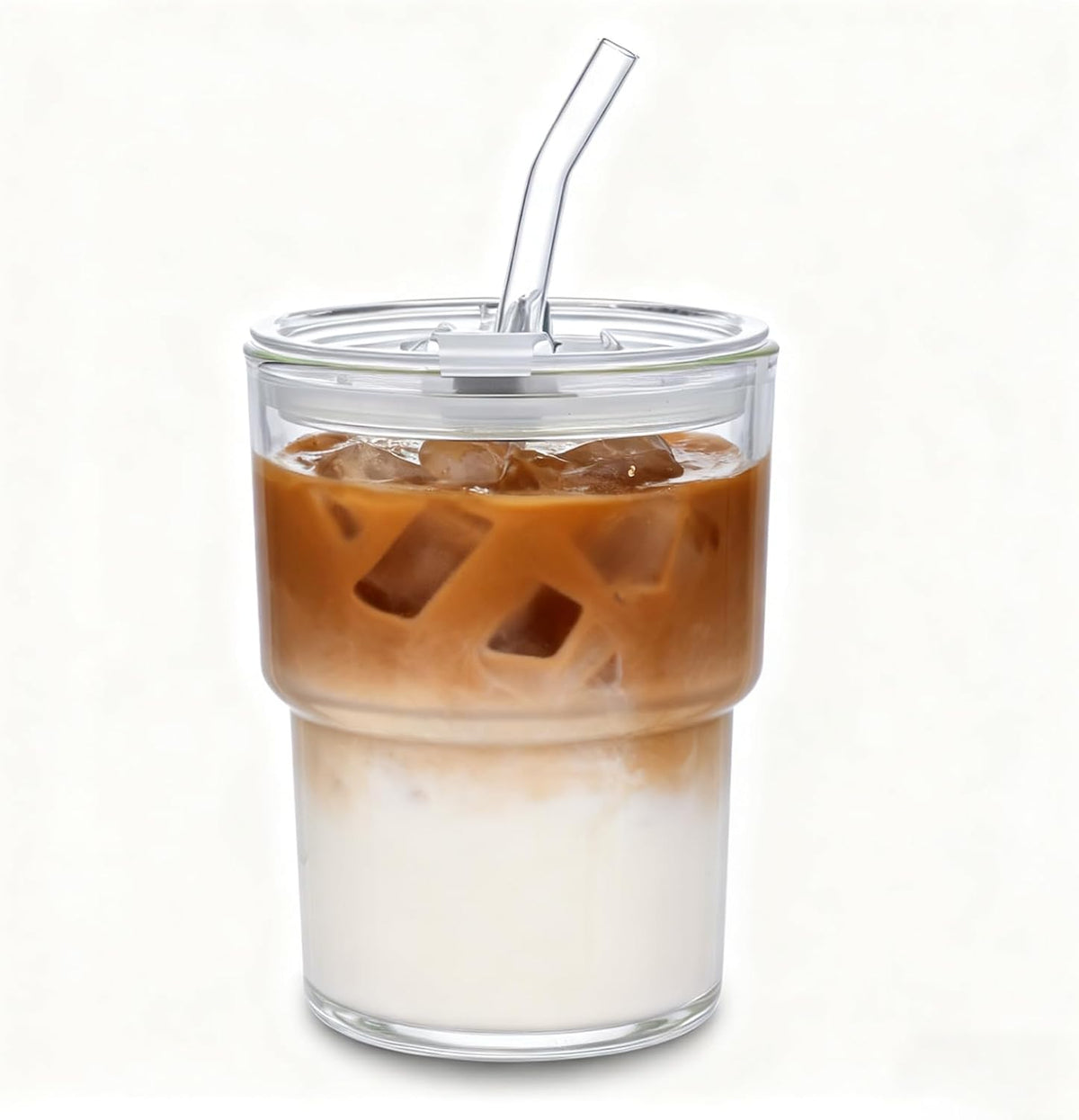 Iced Coffee Cups, 13oz Glass Tumbler with Lid and Straw, Leakproof To-Go Glass Cups Fits Car Cup Holder, Reusable Matcha Cup for Iced Coffee, Cold Brew and Tea