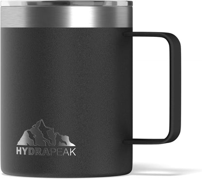 14oz Insulated Travel Mug with Splash Proof Lid, Stainless Steel, BPA-Free Double Walled Coffee Mug with Handle, Camper Mug for Men and Women (Black)
