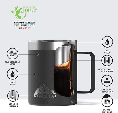 14oz Insulated Travel Mug with Splash Proof Lid, Stainless Steel, BPA-Free Double Walled Coffee Mug with Handle, Camper Mug for Men and Women (Black)