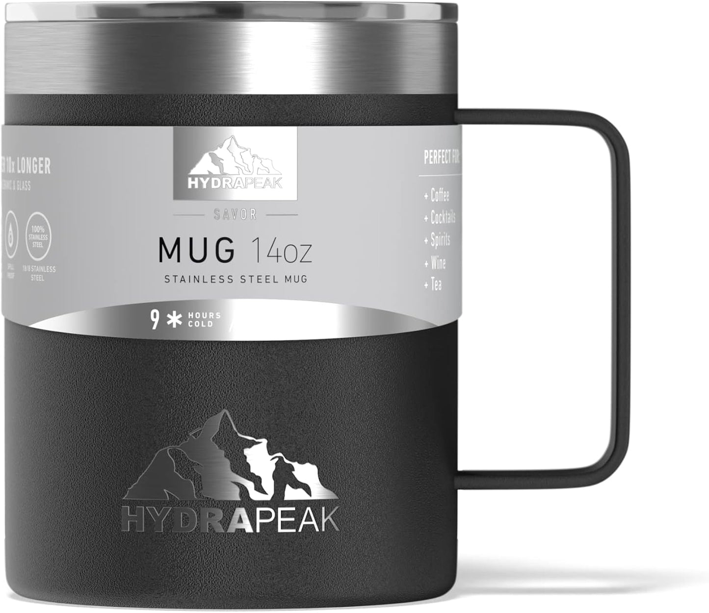 14oz Insulated Travel Mug with Splash Proof Lid, Stainless Steel, BPA-Free Double Walled Coffee Mug with Handle, Camper Mug for Men and Women (Black)