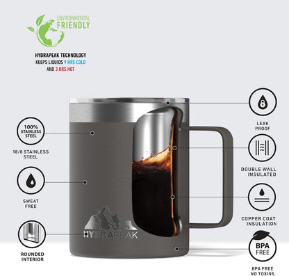 14oz Insulated Travel Mug with Splash Proof Lid, Stainless Steel, BPA-Free Double Walled Coffee Mug with Handle, Camper Mug for Men and Women (Black)