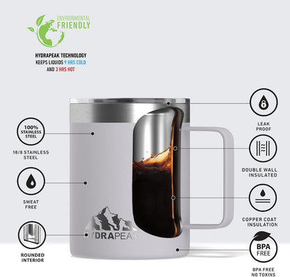 14oz Insulated Travel Mug with Splash Proof Lid, Stainless Steel, BPA-Free Double Walled Coffee Mug with Handle, Camper Mug for Men and Women (Black)