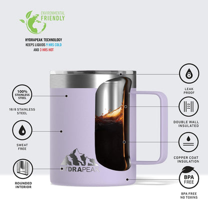 14oz Insulated Travel Mug with Splash Proof Lid, Stainless Steel, BPA-Free Double Walled Coffee Mug with Handle, Camper Mug for Men and Women (Black)
