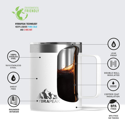 14oz Insulated Travel Mug with Splash Proof Lid, Stainless Steel, BPA-Free Double Walled Coffee Mug with Handle, Camper Mug for Men and Women (Black)