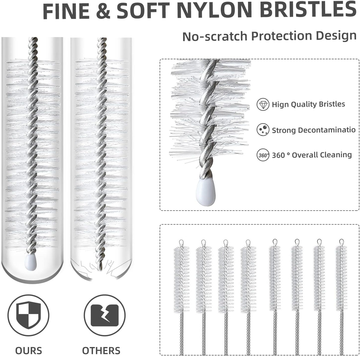 Straw Cleaner Brush Set, 8-Piece Long Cleaning Brush for Straws on Tumbler, Water Bottle, Sippy Cup, and Pipes, Tubes or Hummingbird Feeders