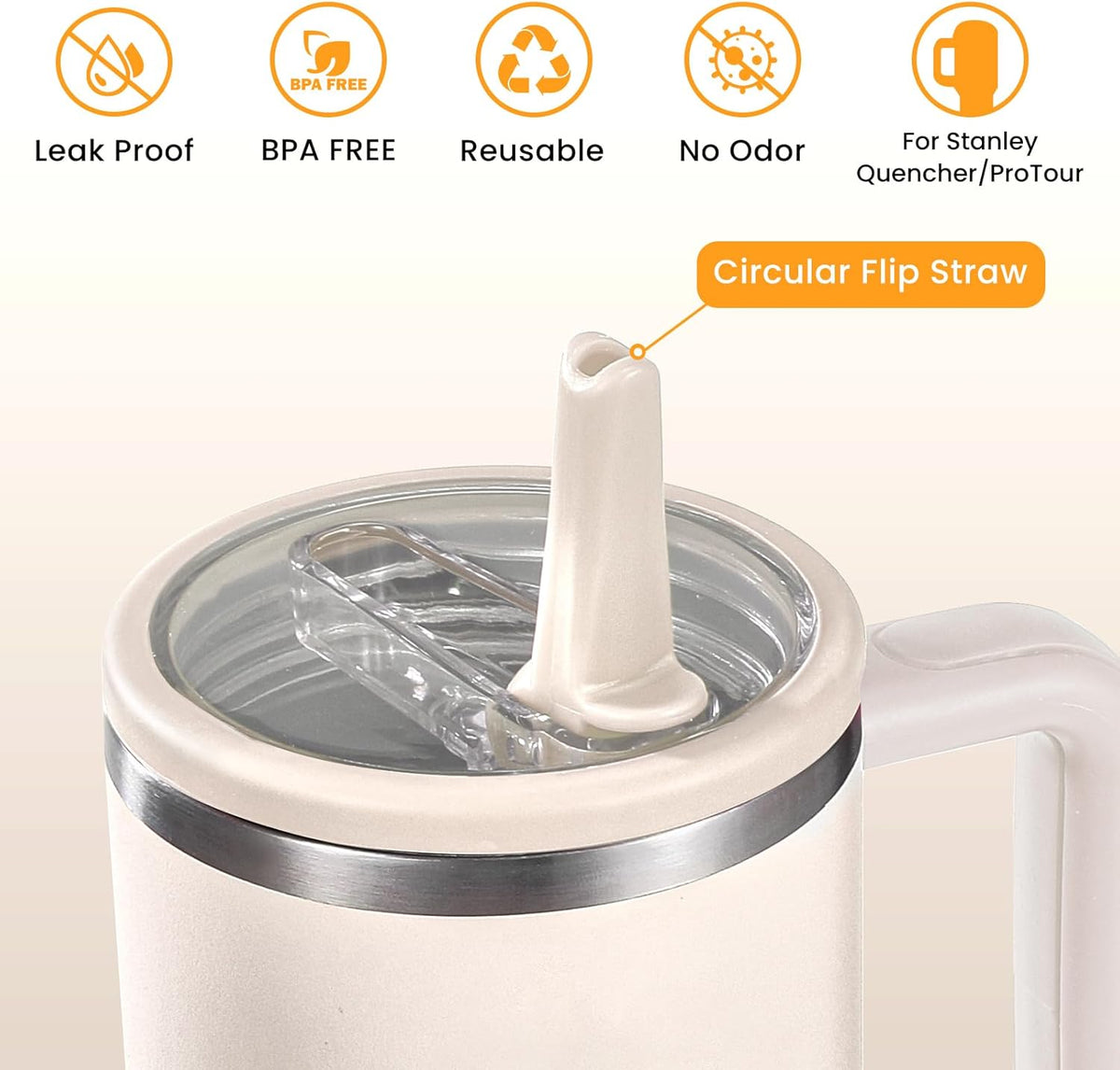 2 Pack Detachable Flip Straw Lid Replacement 40 oz for Stanley Quencher H2.0 ProTour | Stanley Cup Accessories, Flip Top, Deep Cleaning, Leakproof, Spill Proof, BPA Free (Beige, Beige) - Colors A