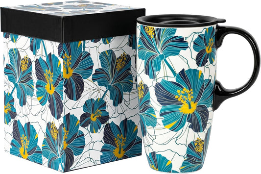 17 oz Ceramic Travel Mug with Lid and Handle | Tall Coffee Mug, Microwave & Dishwasher Safe, Botanical Floral Coffee Cup, Gift Box Included