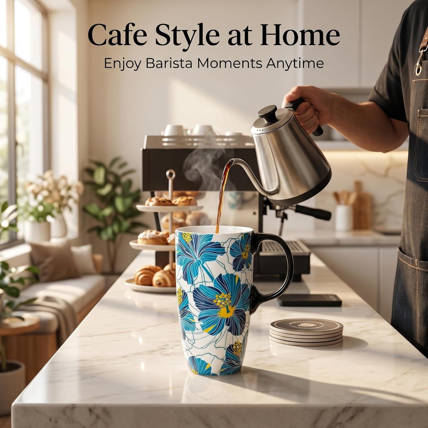 17 oz Ceramic Travel Mug with Lid and Handle | Tall Coffee Mug, Microwave & Dishwasher Safe, Botanical Floral Coffee Cup, Gift Box Included