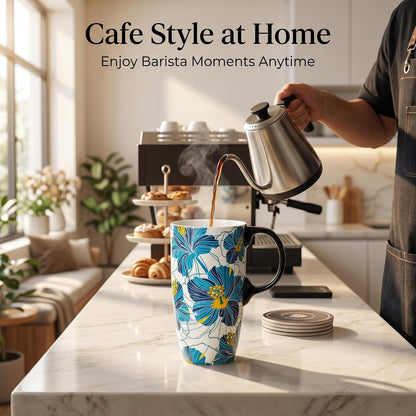 17 oz Ceramic Travel Mug with Lid and Handle | Tall Coffee Mug, Microwave & Dishwasher Safe, Botanical Floral Coffee Cup, Gift Box Included