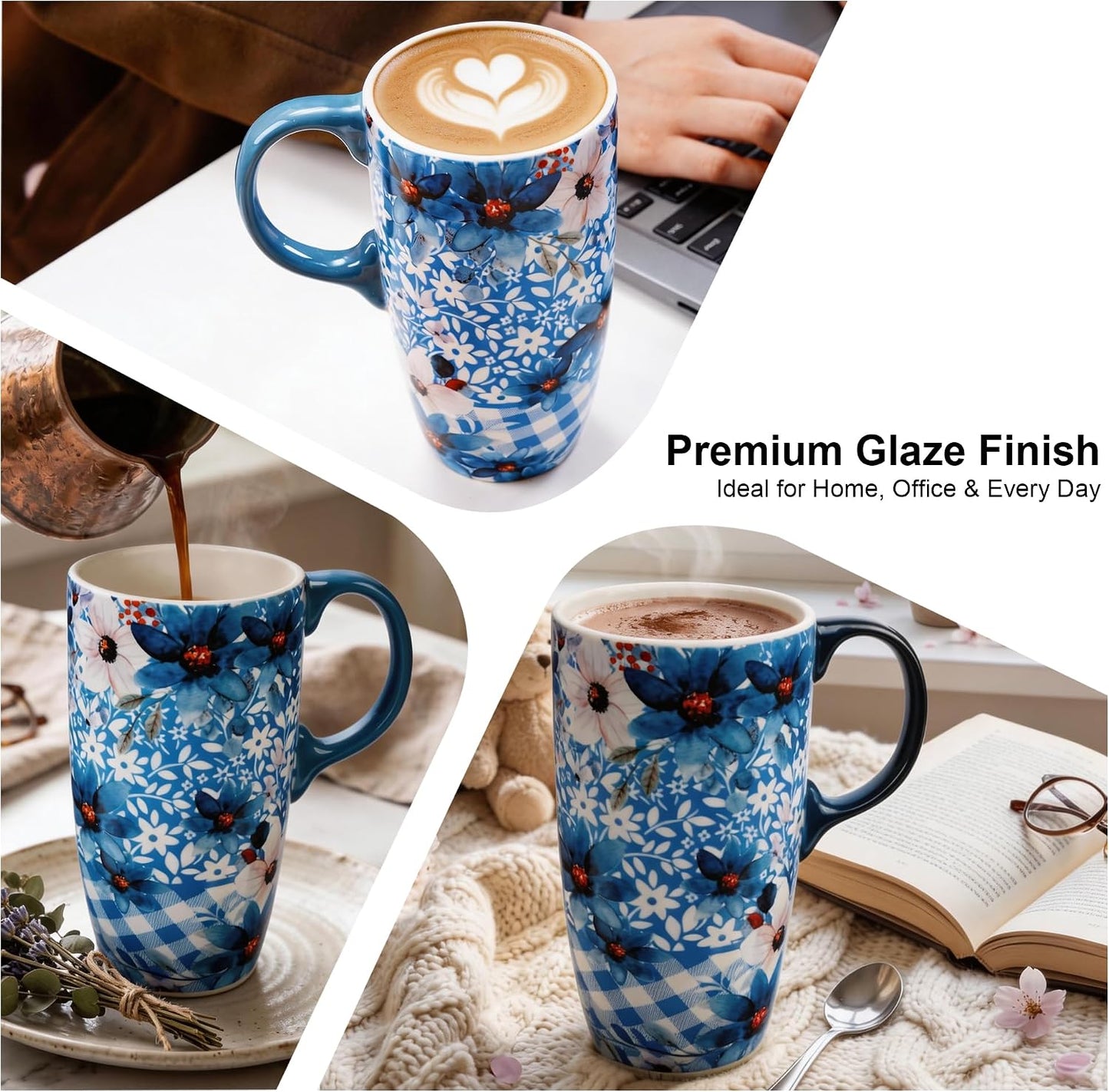 17 oz Ceramic Travel Mug with Lid and Handle | Tall Coffee Mug, Microwave & Dishwasher Safe, Botanical Floral Coffee Cup, Gift Box Included