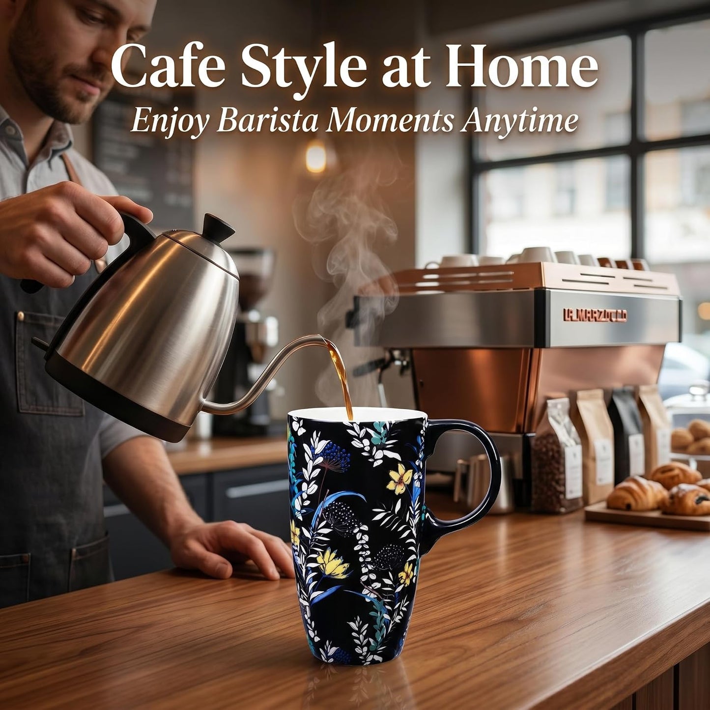 17 oz Ceramic Travel Mug with Lid and Handle | Tall Coffee Mug, Microwave & Dishwasher Safe, Botanical Floral Coffee Cup, Gift Box Included