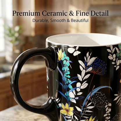17 oz Ceramic Travel Mug with Lid and Handle | Tall Coffee Mug, Microwave & Dishwasher Safe, Botanical Floral Coffee Cup, Gift Box Included