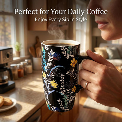 17 oz Ceramic Travel Mug with Lid and Handle | Tall Coffee Mug, Microwave & Dishwasher Safe, Botanical Floral Coffee Cup, Gift Box Included