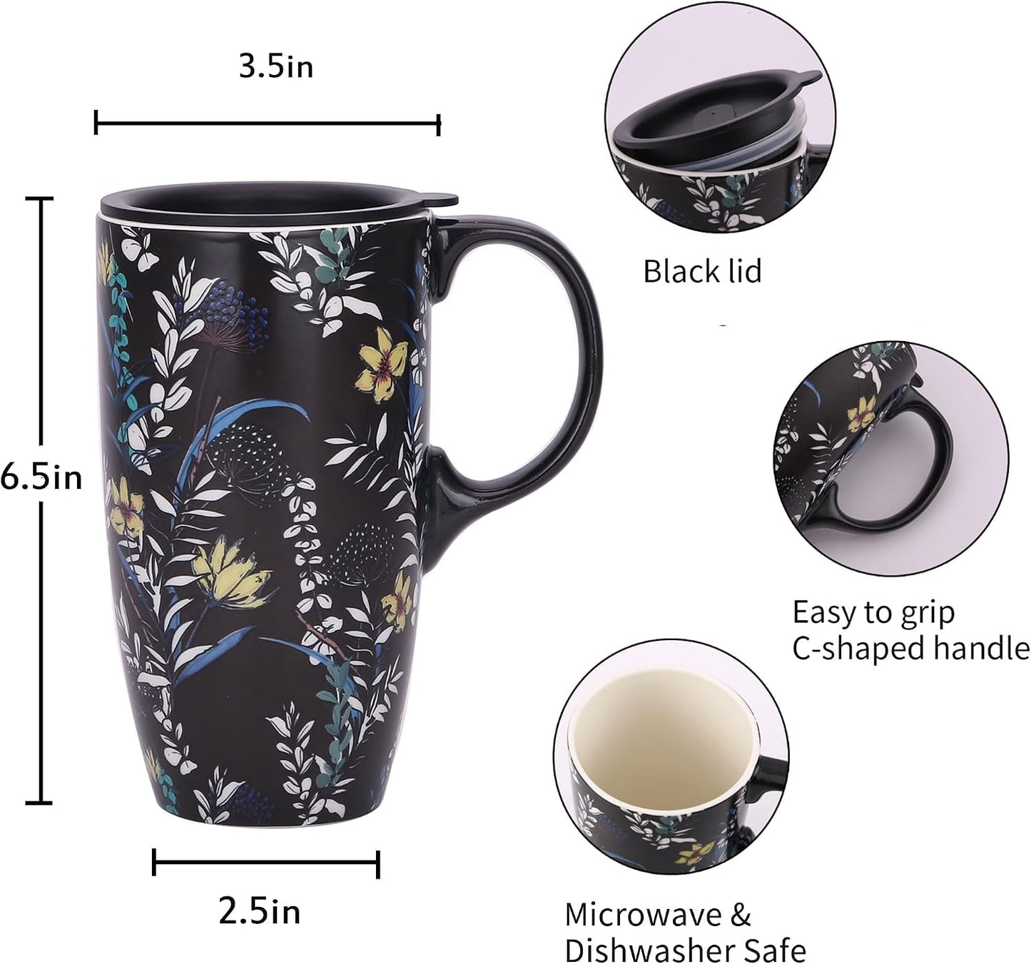 17 oz Ceramic Travel Mug with Lid and Handle | Tall Coffee Mug, Microwave & Dishwasher Safe, Botanical Floral Coffee Cup, Gift Box Included