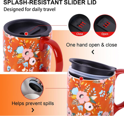 17 oz Ceramic Travel Mug with Lid and Handle | Tall Coffee Mug, Microwave & Dishwasher Safe, Botanical Floral Coffee Cup, Gift Box Included