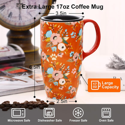 17 oz Ceramic Travel Mug with Lid and Handle | Tall Coffee Mug, Microwave & Dishwasher Safe, Botanical Floral Coffee Cup, Gift Box Included