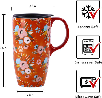 17 oz Ceramic Travel Mug with Lid and Handle | Tall Coffee Mug, Microwave & Dishwasher Safe, Botanical Floral Coffee Cup, Gift Box Included