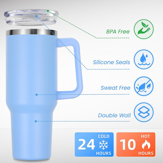DOMICARE 40 oz Tumbler with Handle and Straw, Stainless Steel Tumbler with Lid and Straw, Reusable Vacuum Insulated Cup, Travel Coffee Mug, Blue