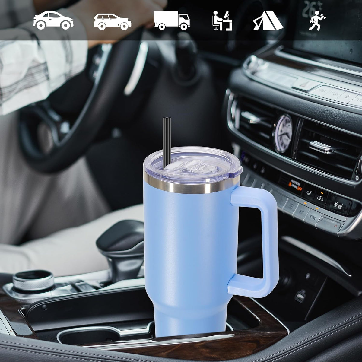 DOMICARE 40 oz Tumbler with Handle and Straw, Stainless Steel Tumbler with Lid and Straw, Reusable Vacuum Insulated Cup, Travel Coffee Mug, Blue