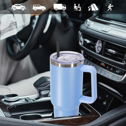 DOMICARE 40 oz Tumbler with Handle and Straw, Stainless Steel Tumbler with Lid and Straw, Reusable Vacuum Insulated Cup, Travel Coffee Mug, Blue