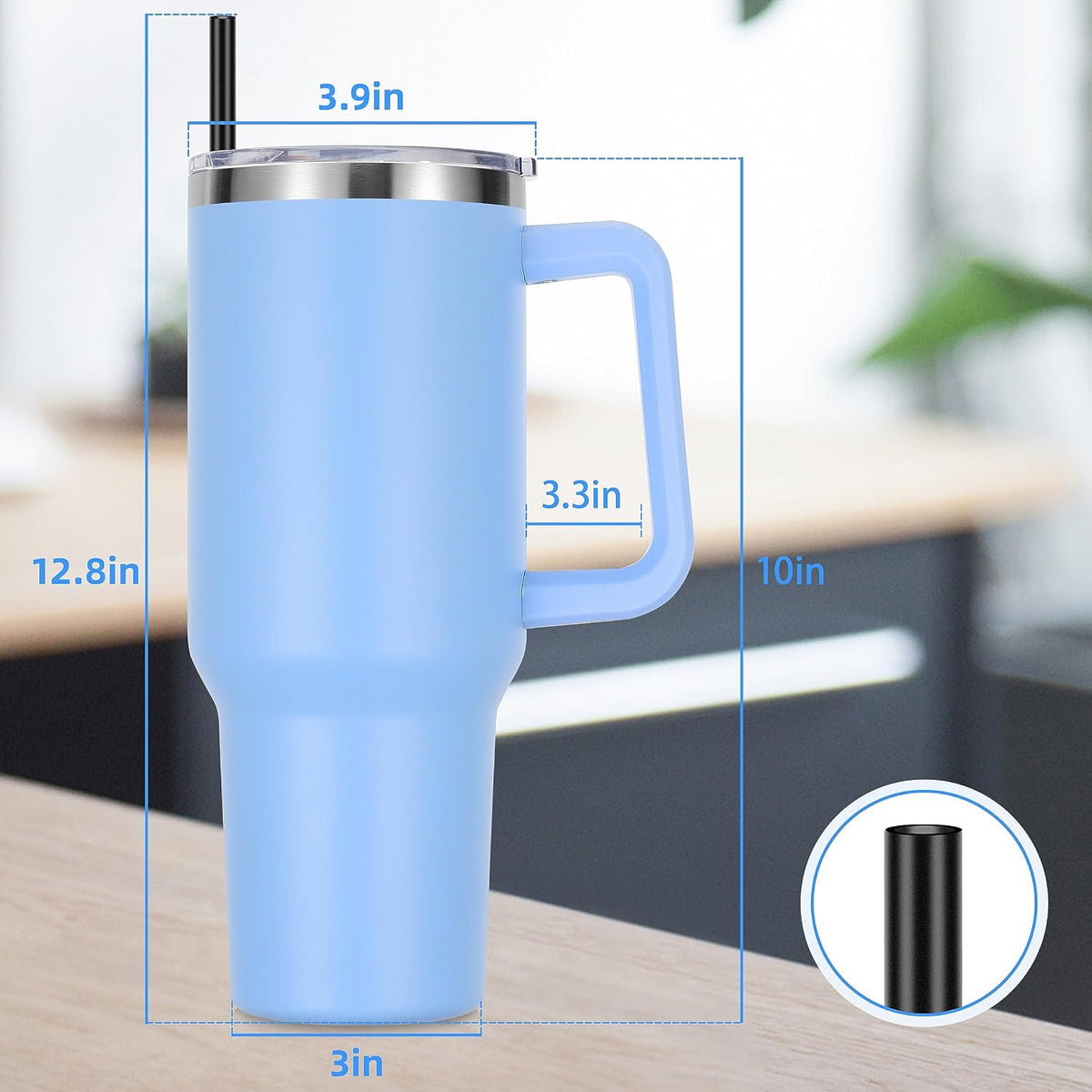 DOMICARE 40 oz Tumbler with Handle and Straw, Stainless Steel Tumbler with Lid and Straw, Reusable Vacuum Insulated Cup, Travel Coffee Mug, Blue