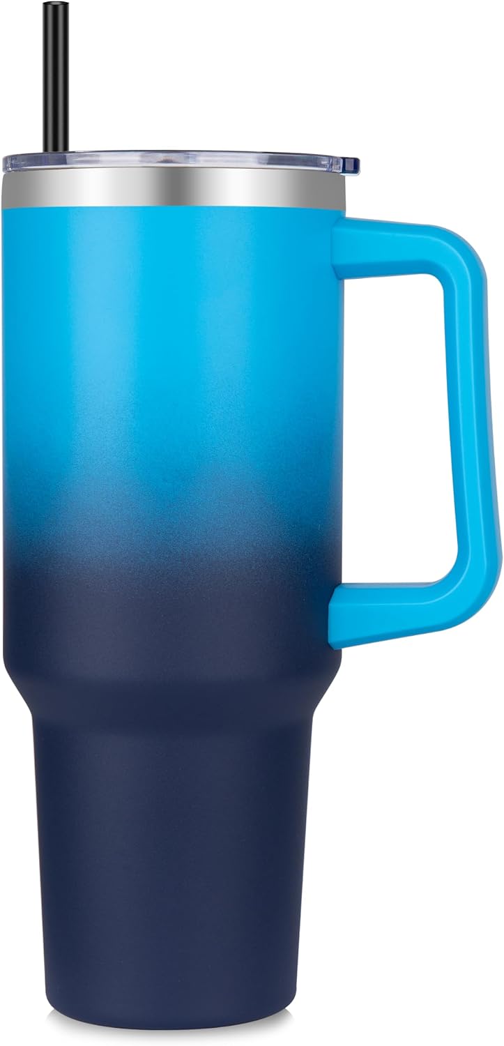 DOMICARE 40 oz Tumbler with Handle and Straw, Stainless Steel Tumbler with Lid and Straw, Reusable Vacuum Insulated Cup, Travel Coffee Mug, Blue