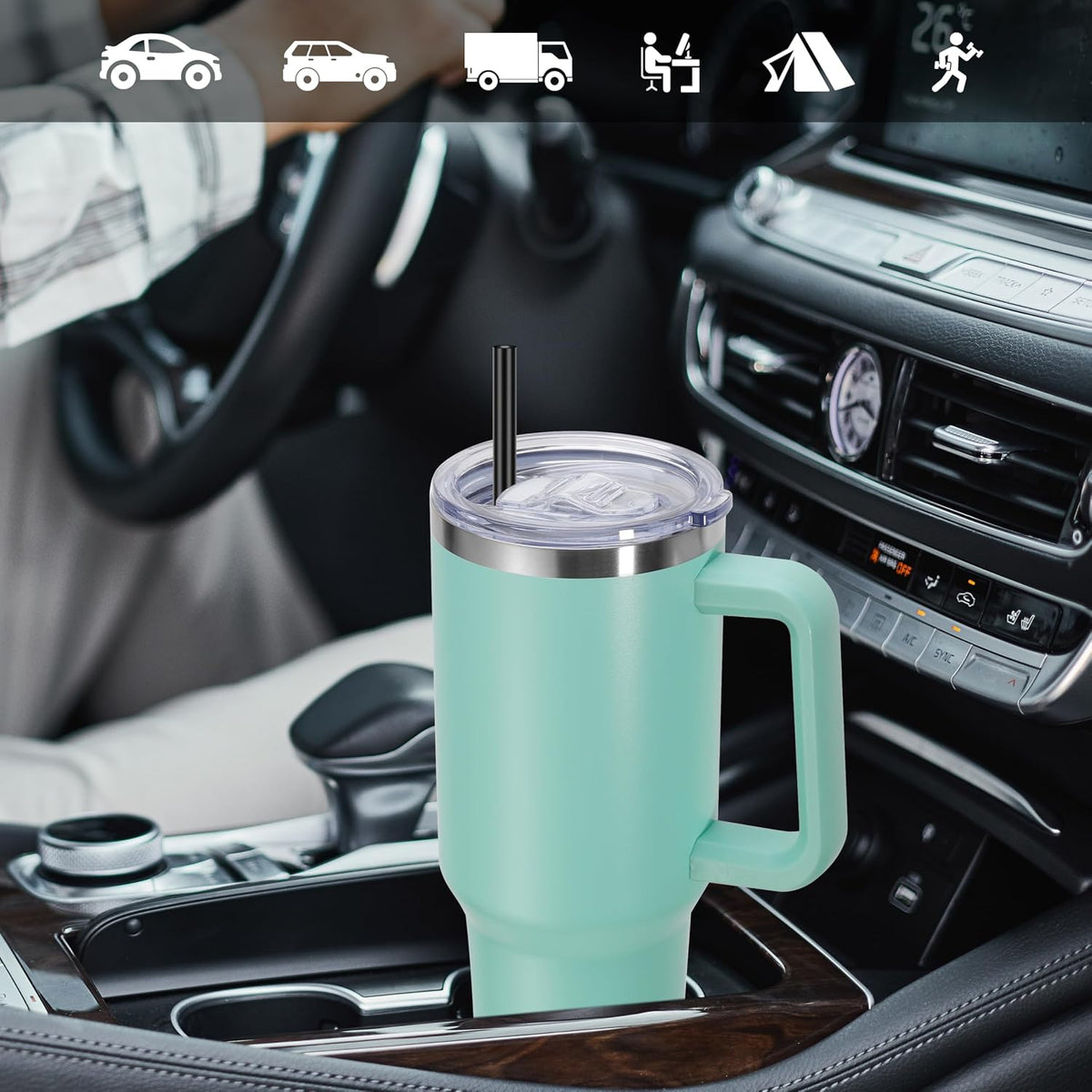 DOMICARE 40 oz Tumbler with Handle and Straw, Stainless Steel Tumbler with Lid and Straw, Reusable Vacuum Insulated Cup, Travel Coffee Mug, Blue