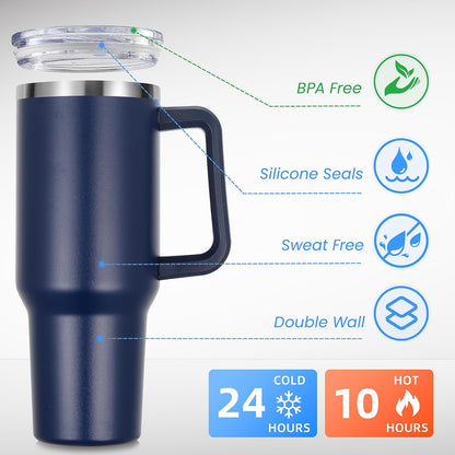 DOMICARE 40 oz Tumbler with Handle and Straw, Stainless Steel Tumbler with Lid and Straw, Reusable Vacuum Insulated Cup, Travel Coffee Mug, Blue