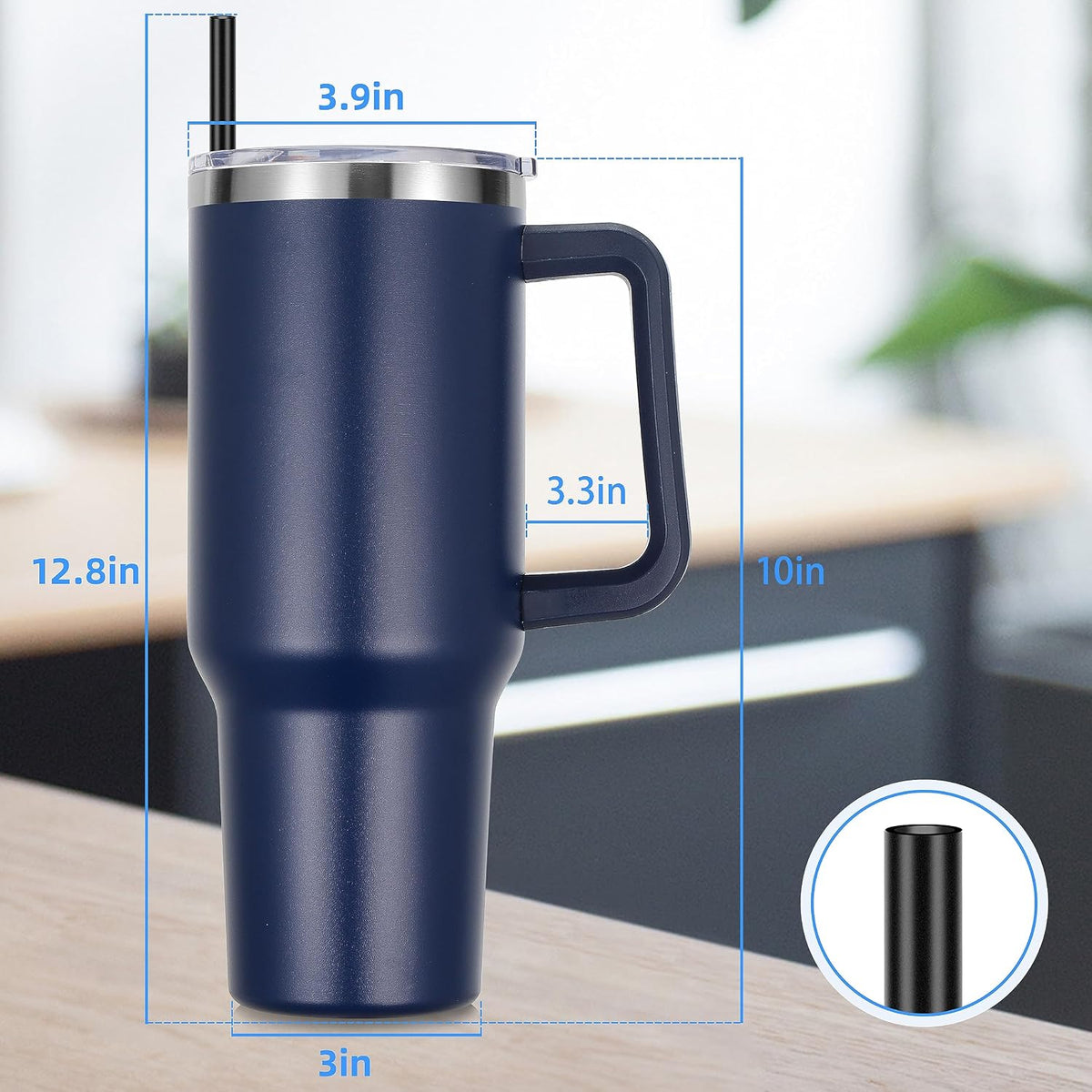 DOMICARE 40 oz Tumbler with Handle and Straw, Stainless Steel Tumbler with Lid and Straw, Reusable Vacuum Insulated Cup, Travel Coffee Mug, Blue