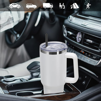 DOMICARE 40 oz Tumbler with Handle and Straw, Stainless Steel Tumbler with Lid and Straw, Reusable Vacuum Insulated Cup, Travel Coffee Mug, Blue