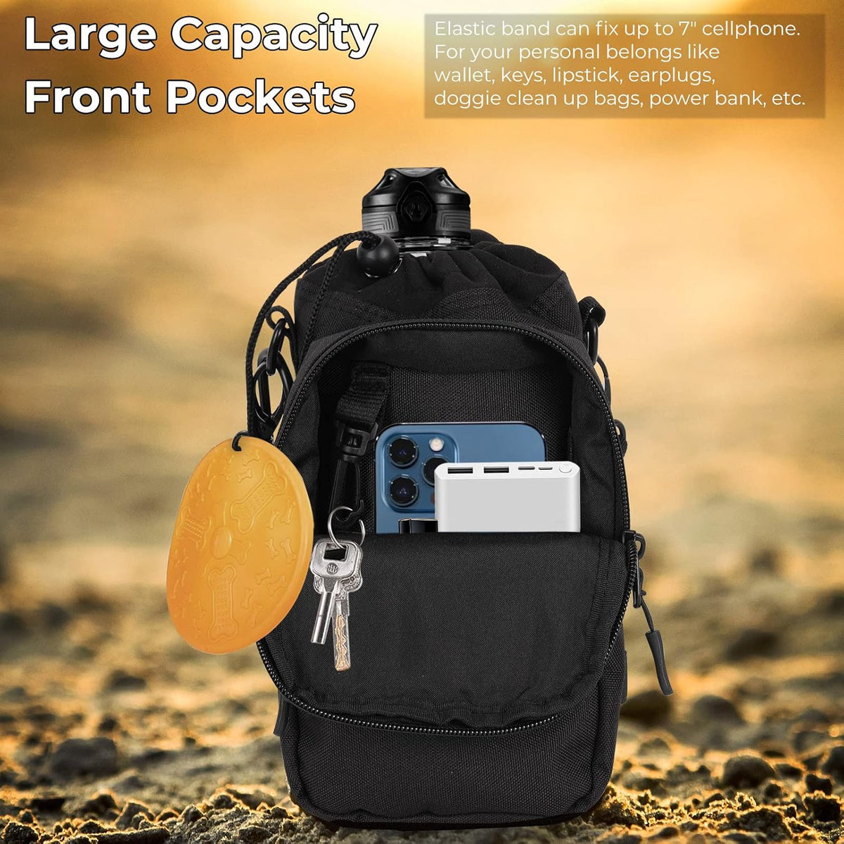 Water Bottle Carrier, 40oz Bottle Carrier Sports Insulated Water Bottle Holder with Adjustable Shoulder Strap, 2 Pockets Flask Sling Bag Drawstring Pouch for Climbing Hiking Walking