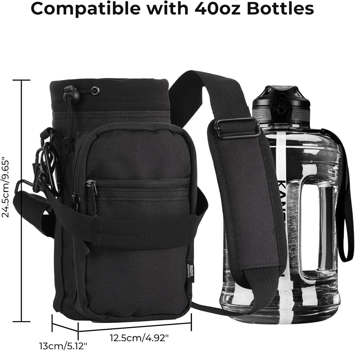 Water Bottle Carrier, 40oz Bottle Carrier Sports Insulated Water Bottle Holder with Adjustable Shoulder Strap, 2 Pockets Flask Sling Bag Drawstring Pouch for Climbing Hiking Walking