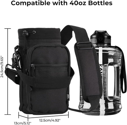 Water Bottle Carrier, 40oz Bottle Carrier Sports Insulated Water Bottle Holder with Adjustable Shoulder Strap, 2 Pockets Flask Sling Bag Drawstring Pouch for Climbing Hiking Walking