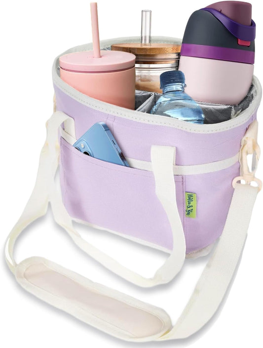 4 Water Bottle Holder with Strap | Family Size 4 Compartment Drink Bag, Multiple Tumbler Carrier Caddy | Adjustable Fits Large & Small Drinks | Hands Free, Won't Tip Over in Car